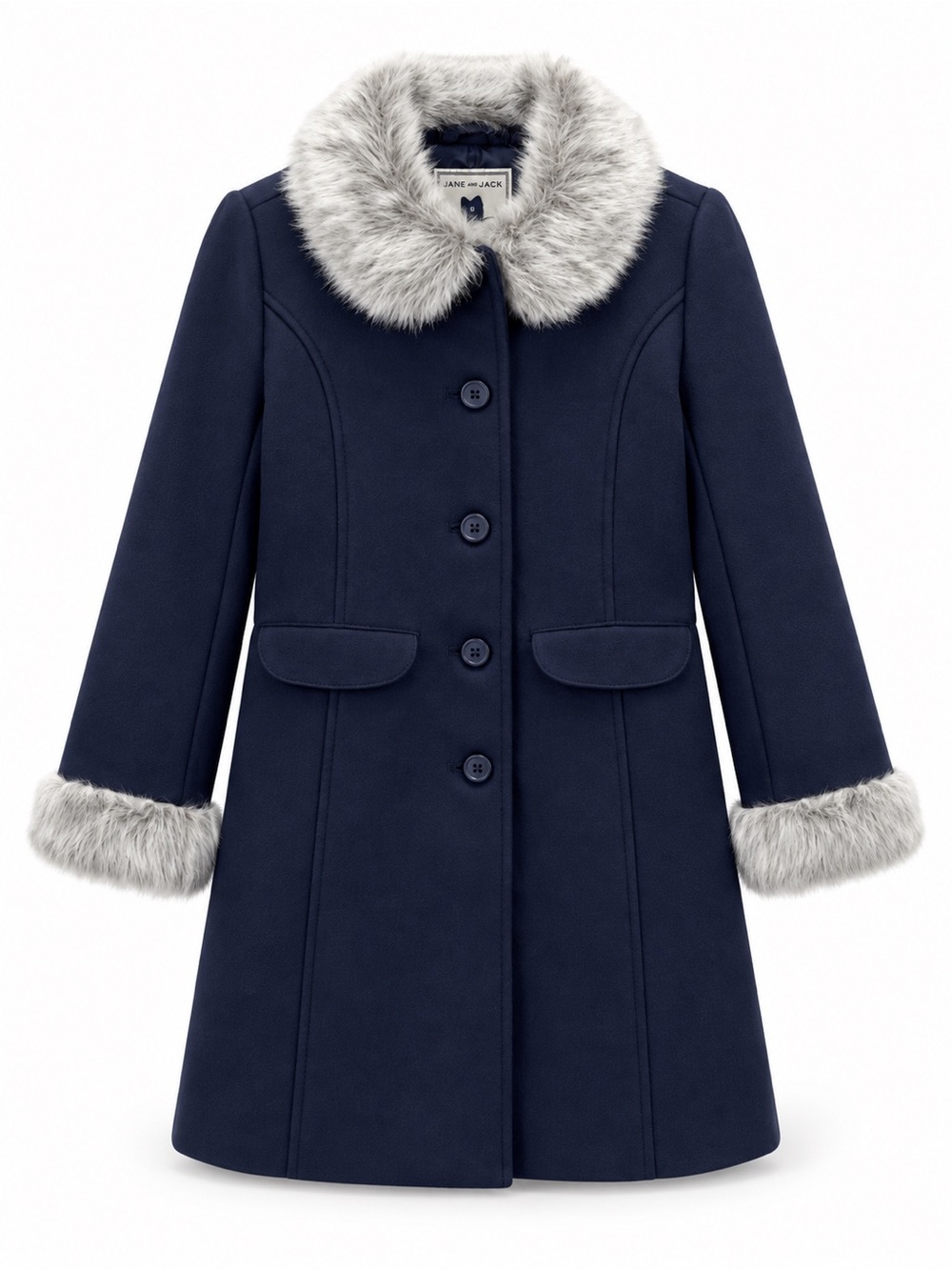Janie and Jack Navy Coat with Light Gray Faux Fur Collar & Cuffs